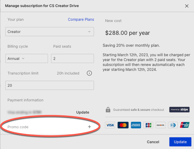 Screenshot of checkout window with red circle around promo code entry field