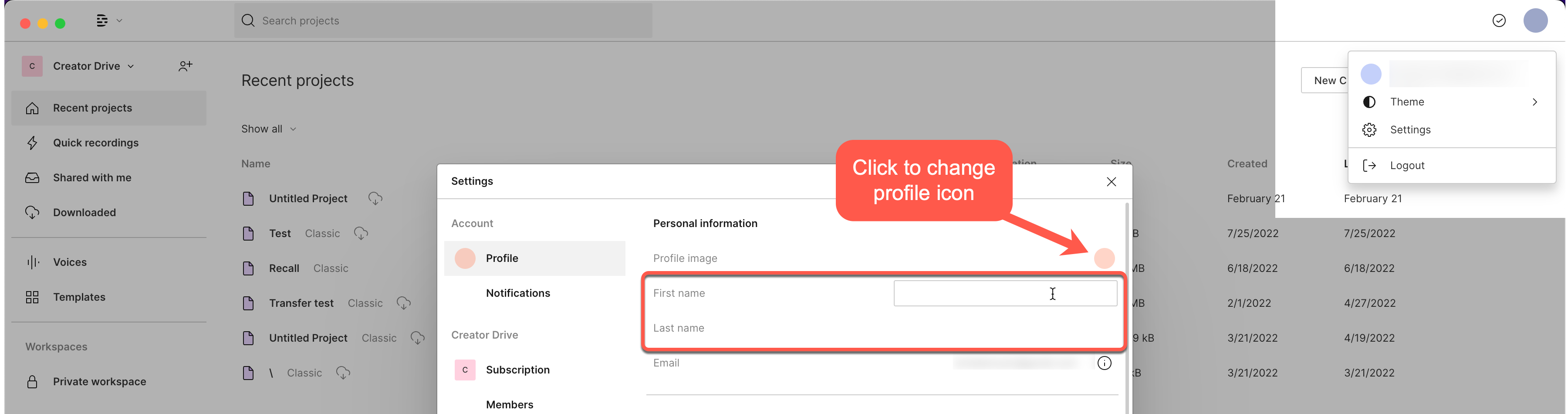 Descript app account settings panel: updating profile image and name.