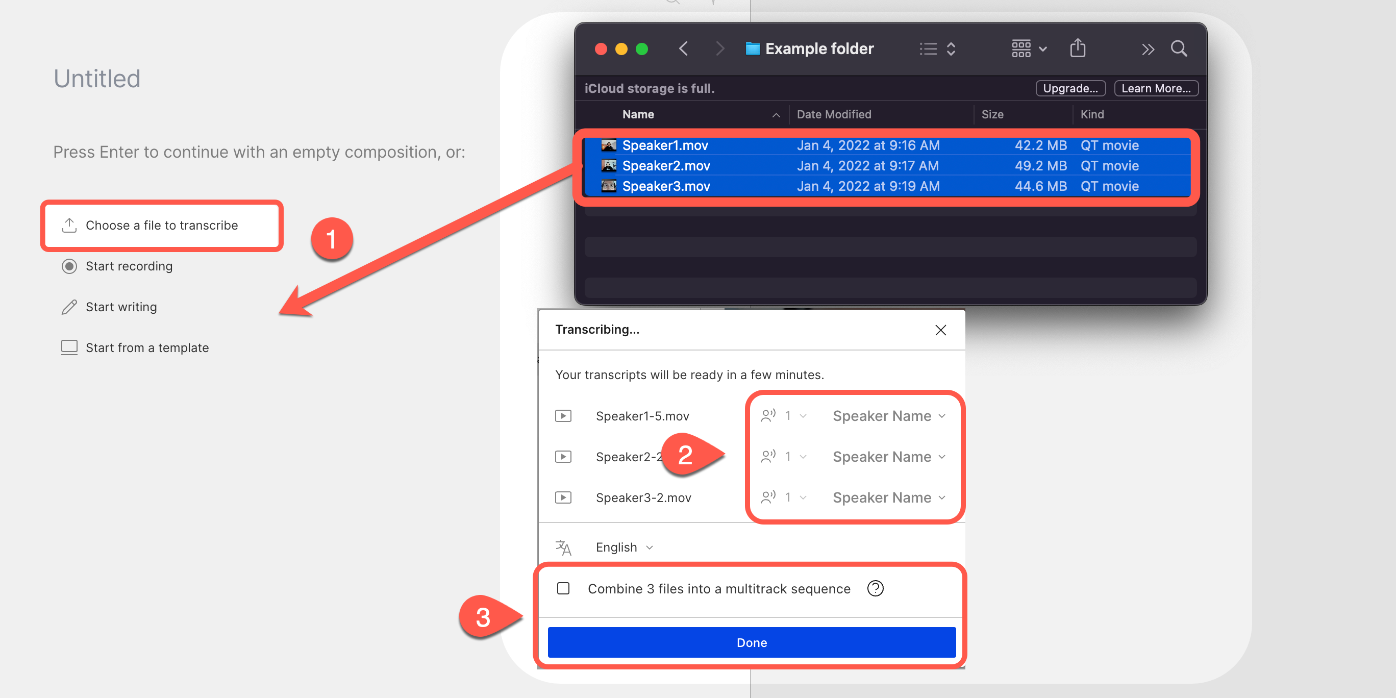 How do I add transcripts for narration or audio snippets