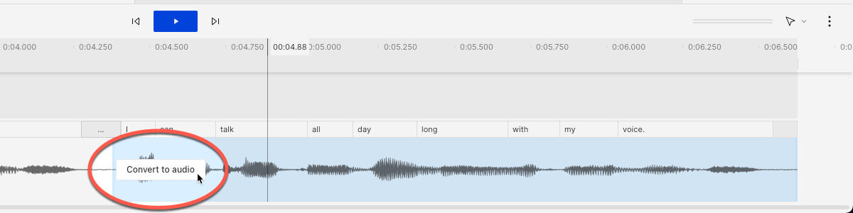 Screenshot of timeline with convert to audio circled