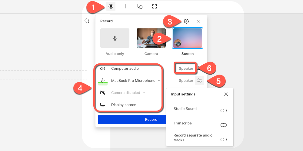 screenshot showing steps for setting up a screen recording in Descript