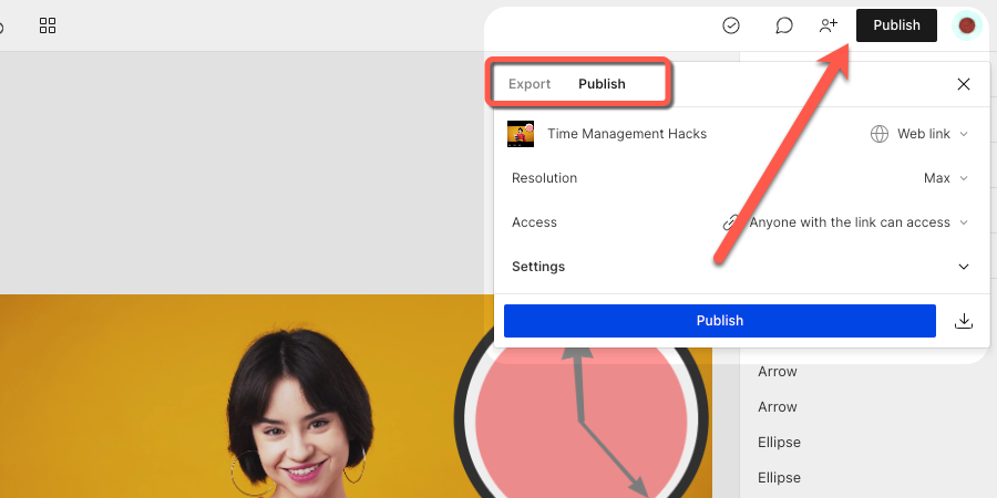 Publishing panel with highlighting export and publish tab with red rectangle
