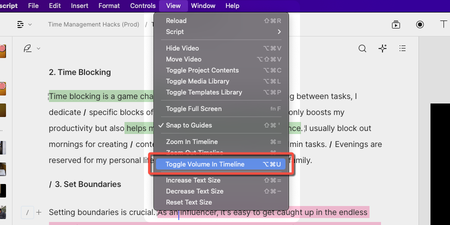 View menu with Toggle volume in timeline option highlighted