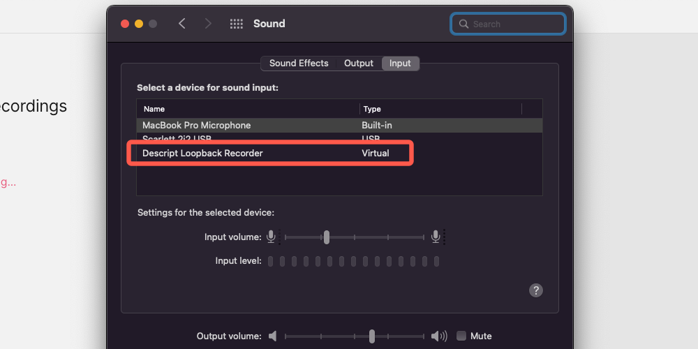 Screenshot of System Requirement audio input window for MacOS