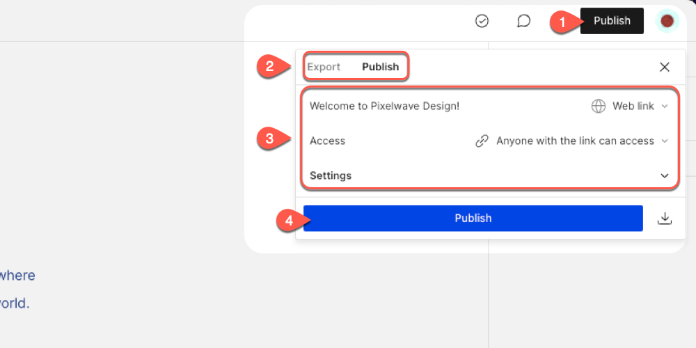 Publish panel with numbered steps for publishing or exporting your content