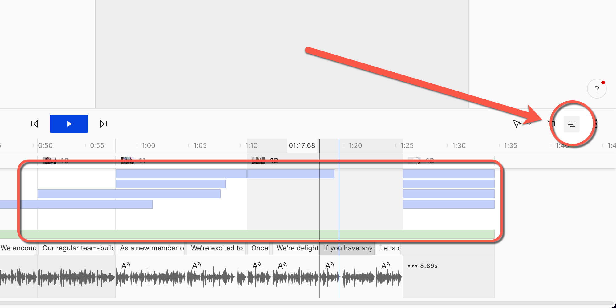 Screenshot: Timeline with arrow pointing to 'Show all layers' button, and layers in Descript composition surrounded by a red rectangle.