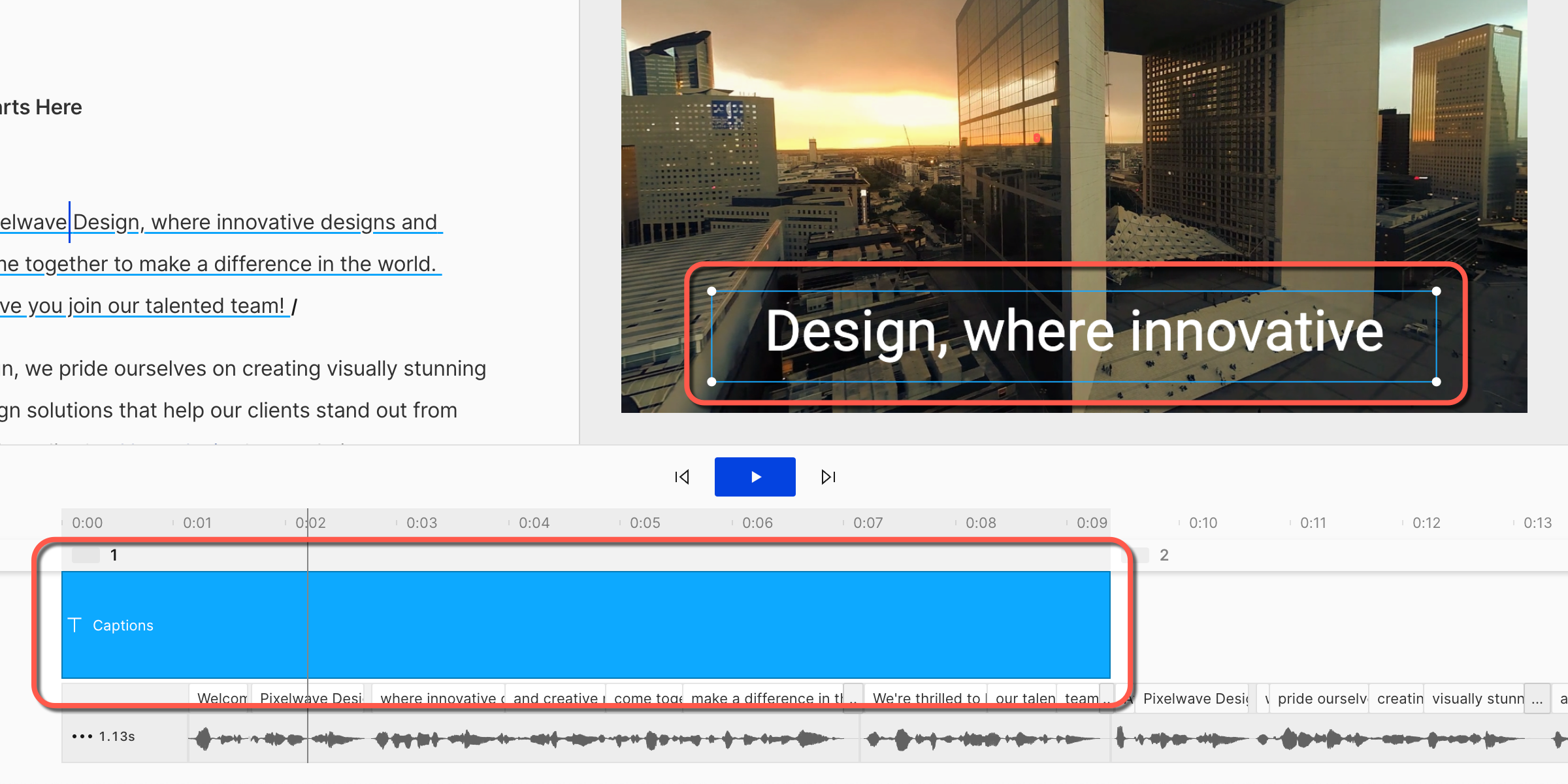 Screenshot: Timeline with two red rectangles surrounding captions in the Canvas and the corresponding layer in the Timeline