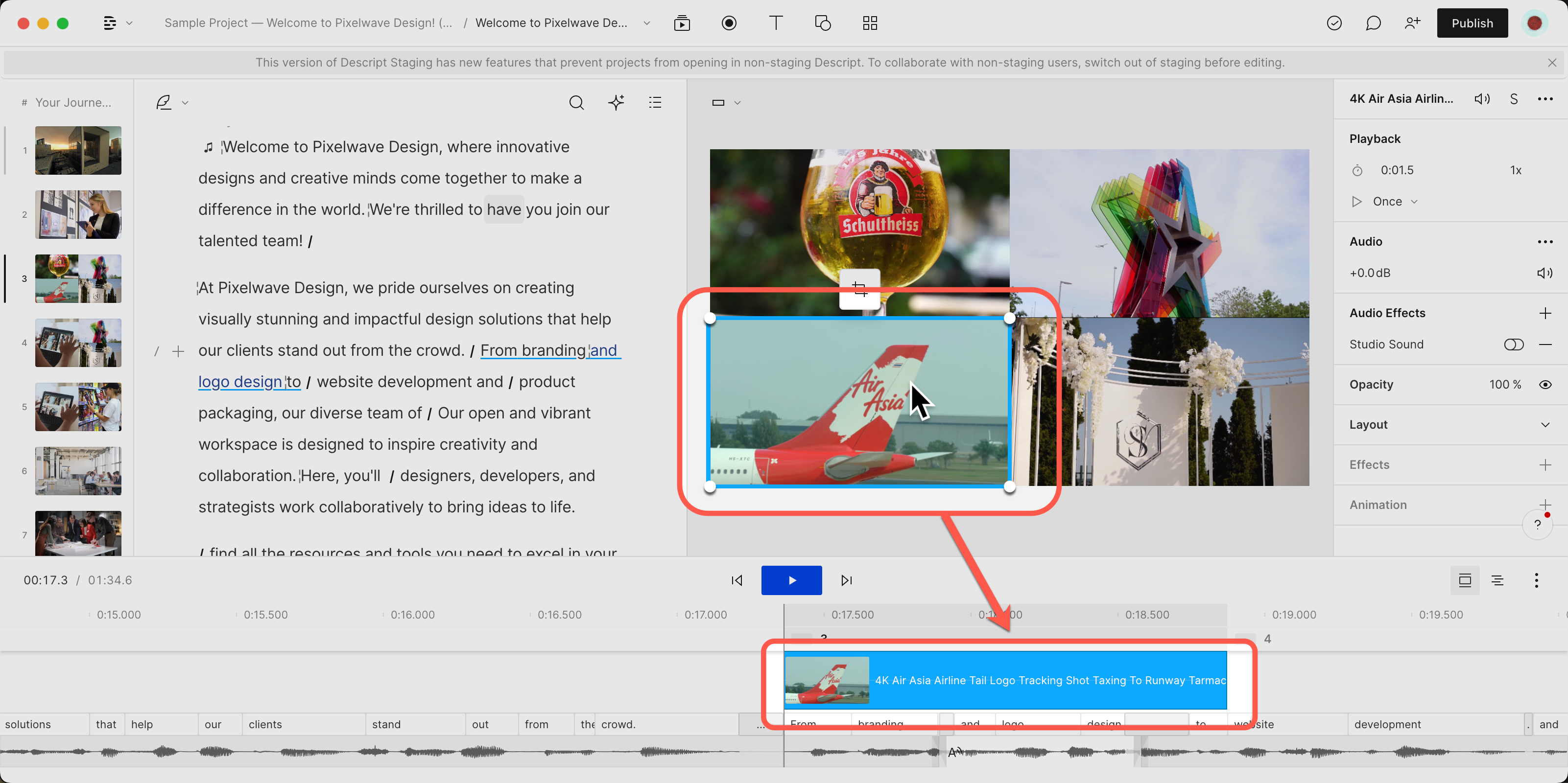 Screenshot: showing a a selected video layer in the Canvas, and the corresponding section in the Timeline