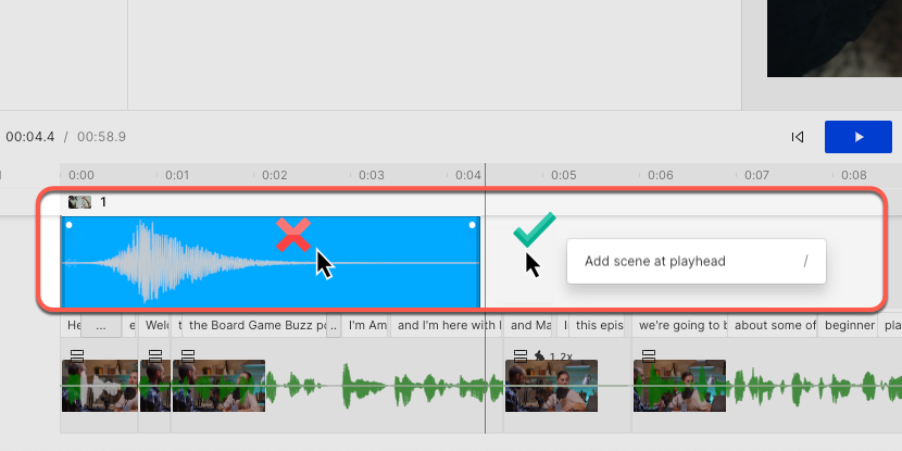 Screenshot: Timeline with steps showing how to create a scene at playhead