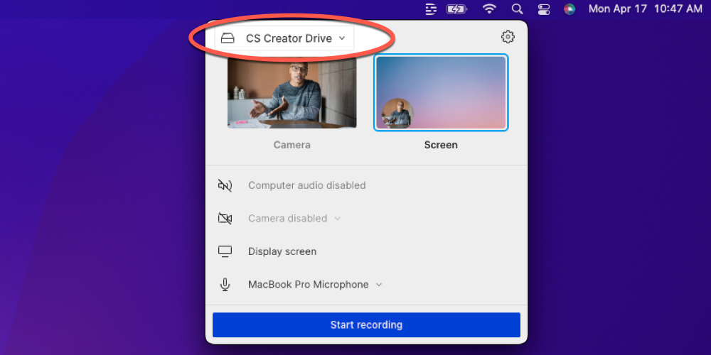 Quick Recorder panel with red circle around drive selection menu