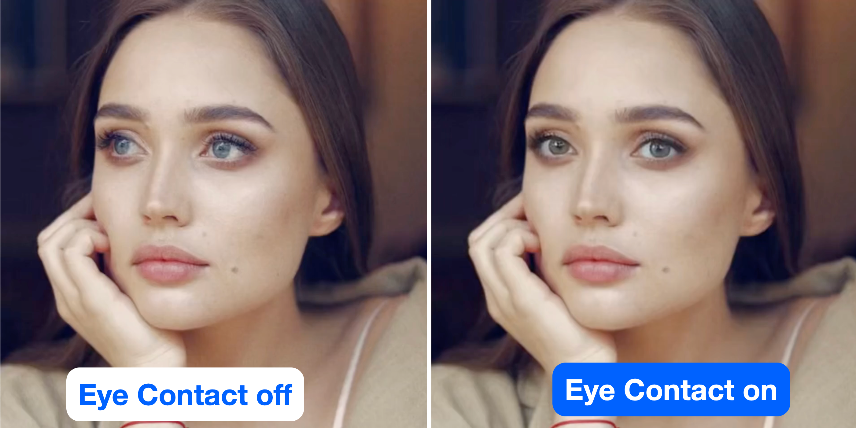 Screenshot: before and after applying Eye Contact to a video of a person speaking