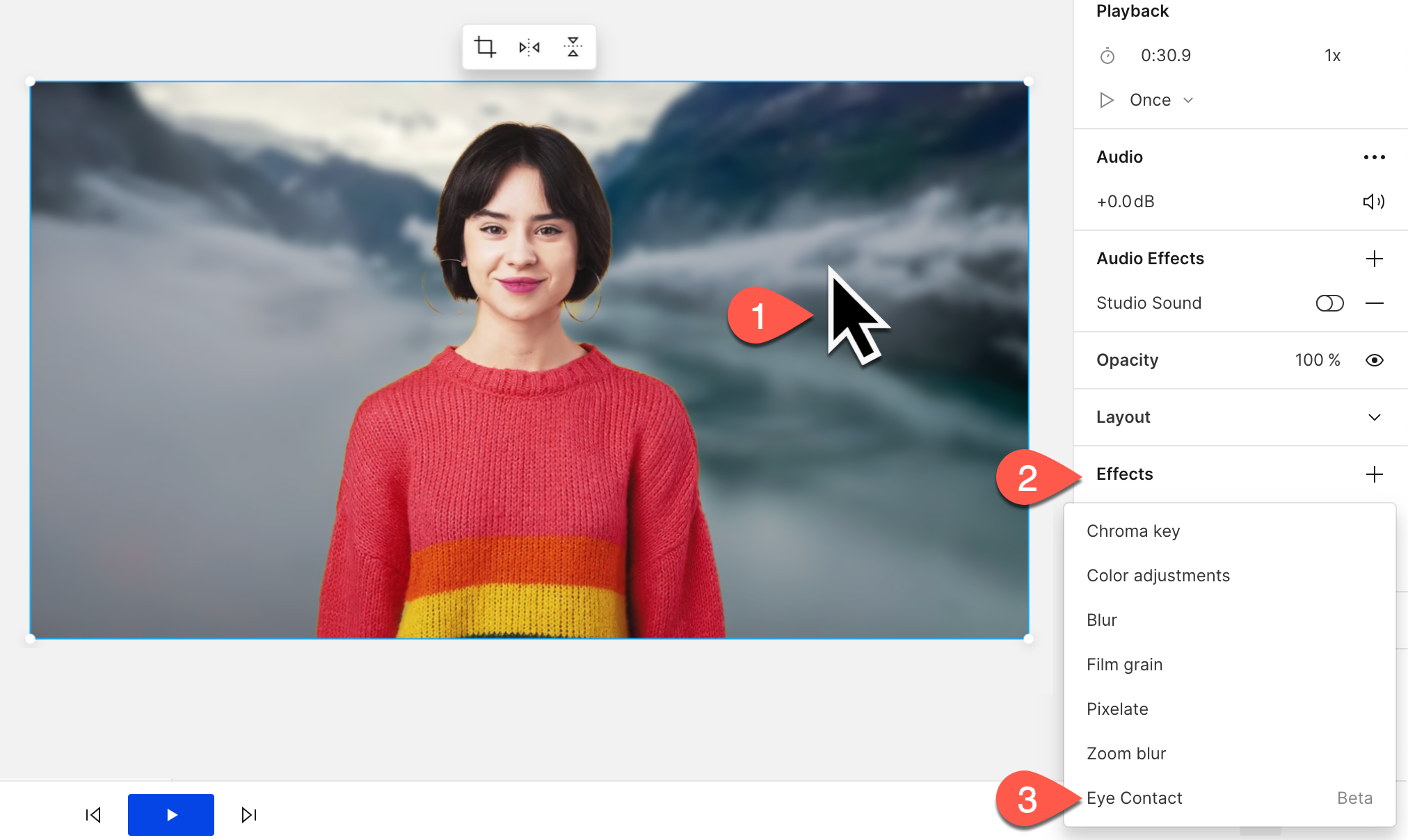Screenshot: Descript editor with steps for applying Eye Contact to a video