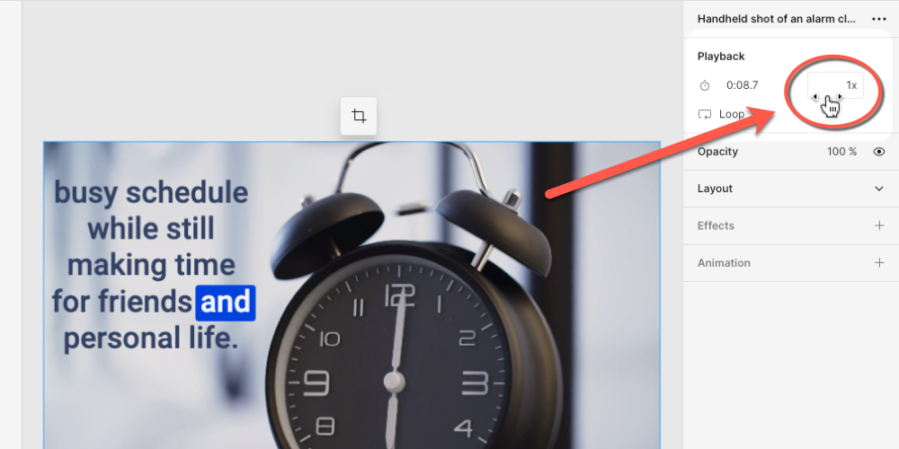 Screenshot: Properties panel with red arrow pointing where to adjust clip speed