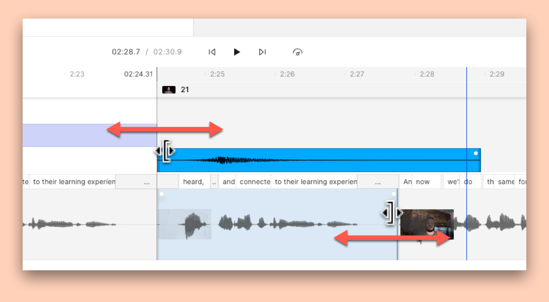 Screenshot of Descript timeline while using the trim tool