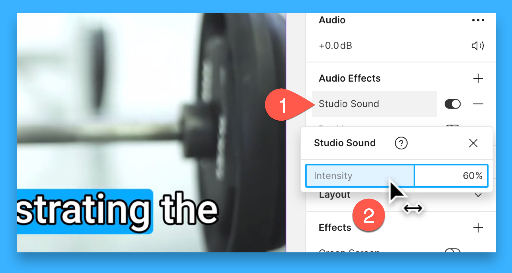 Screenshot showing steps for adjusting studio sound intensity