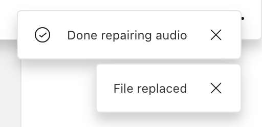 Notification windows stating Repair file complete and File replaced.