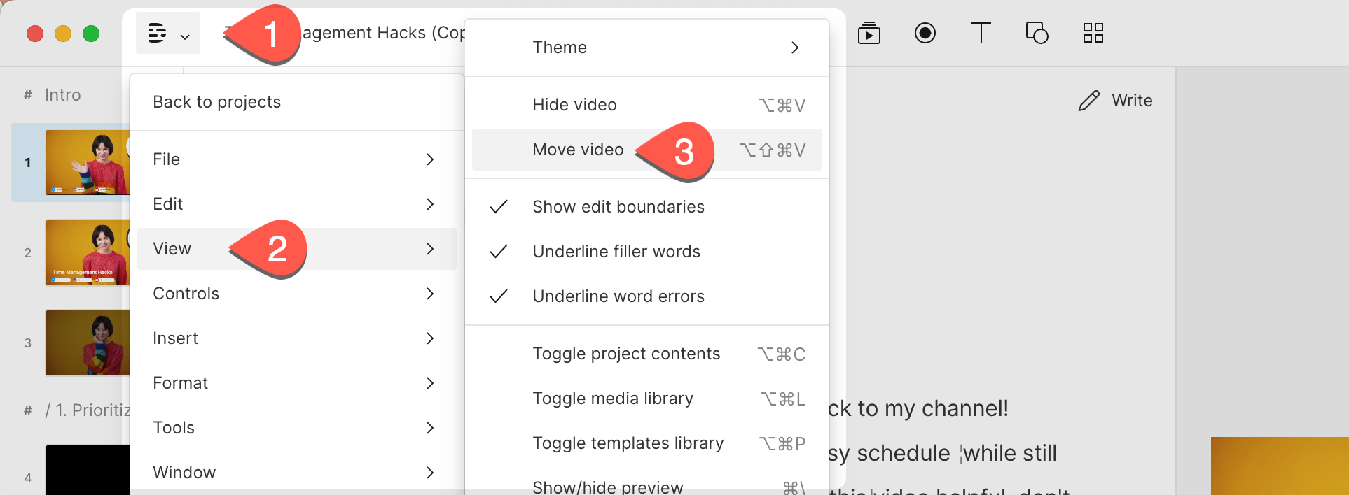 Screenshot of Descript app with file menu highlighting the move video option