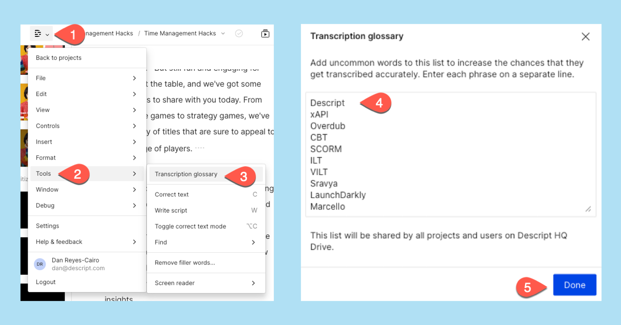 First image with steps to access Descript file menu with Transcript Glossary option; second image with glossary text field window