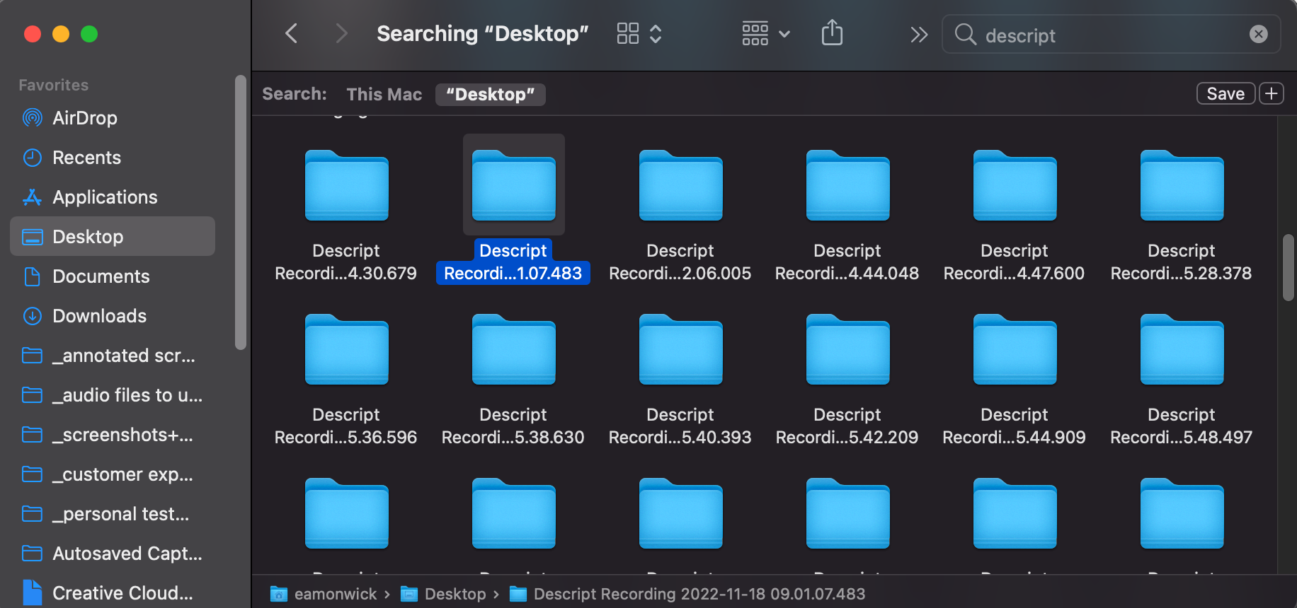 Finder window on macOS desktop with Descript recording recovery folders listed.