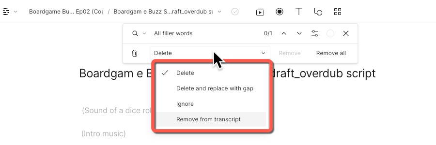 Screenshot showing different options for removing or changing detected filler words.