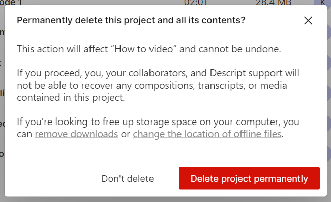 Confirmation window to delete a project