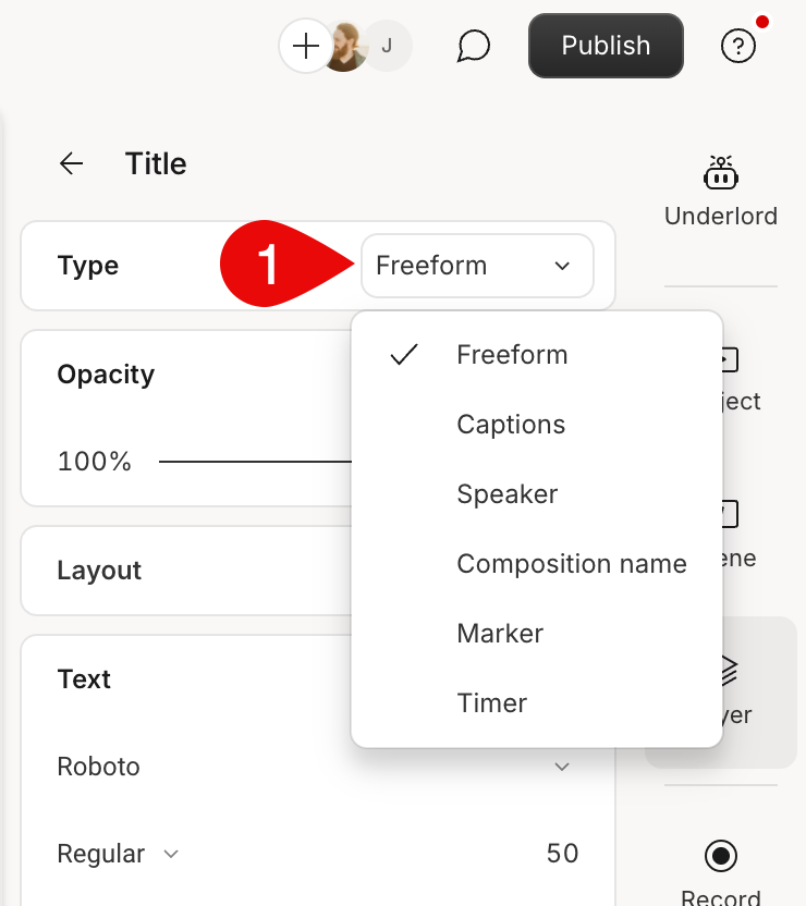Dropdown menu showing live text options for a layer