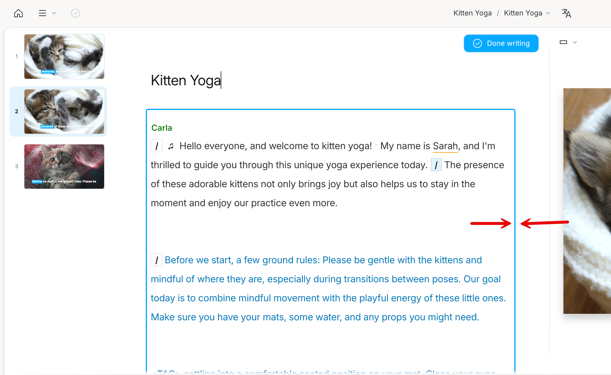 Write mode enabled with a blue border around the script editor.
