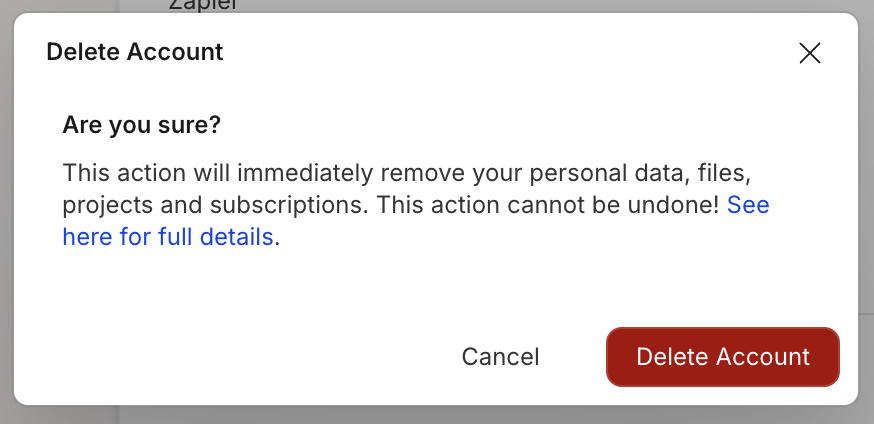 Account deletion confirmation modal