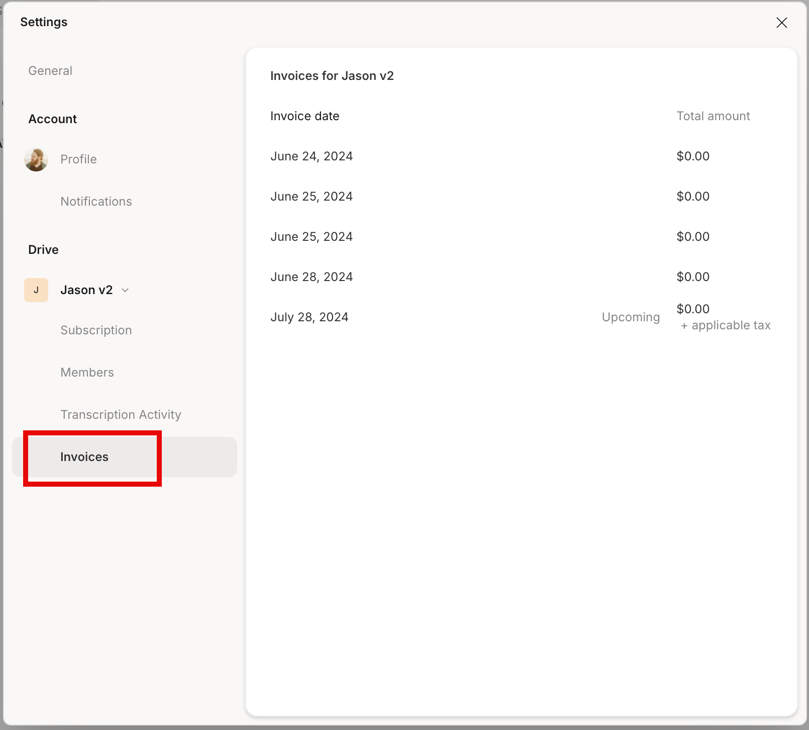 Invoice tab in Descript account settings