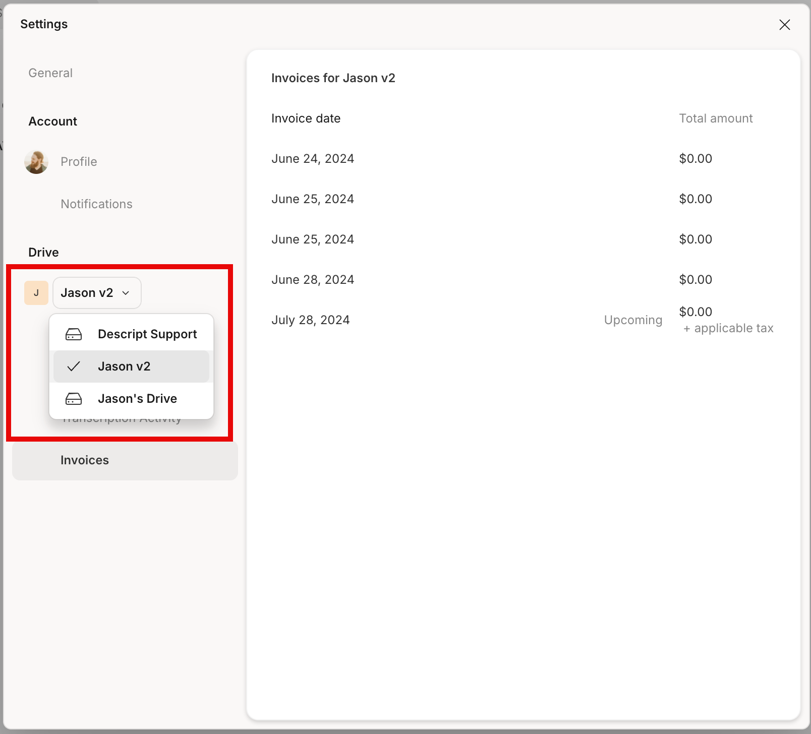 Drive selector UI in Descript