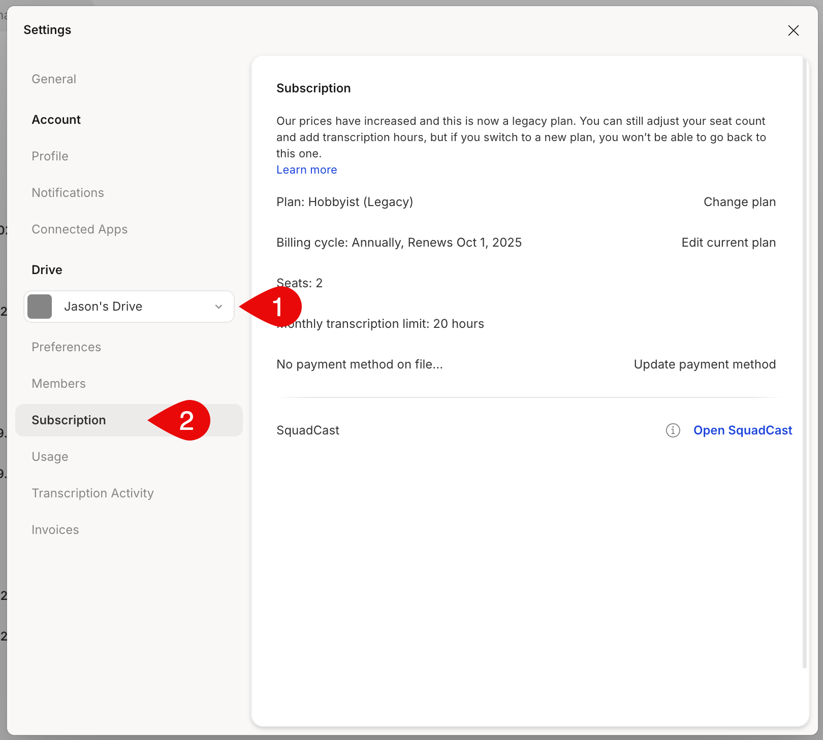 Subscription tab in Drive settings