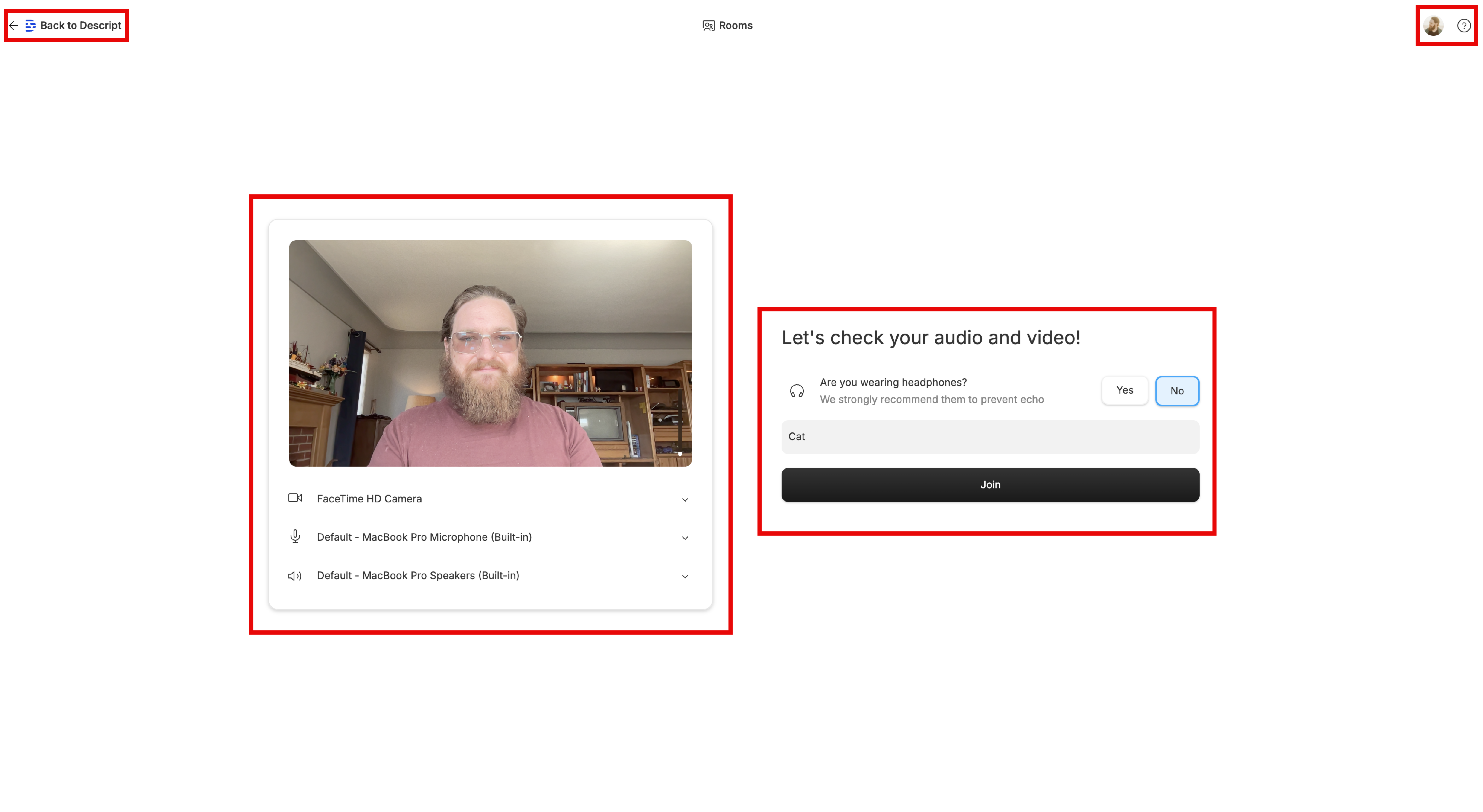 Room setup screen in Descript