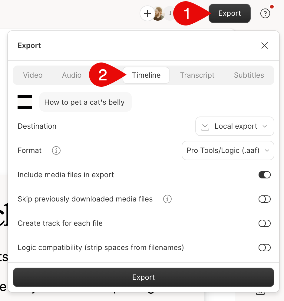 Descript export panel showing how to export to Timeline format.