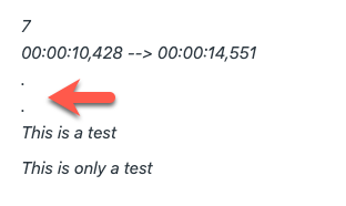 SRT file showing subtitle lines with only periods that need to be deleted.