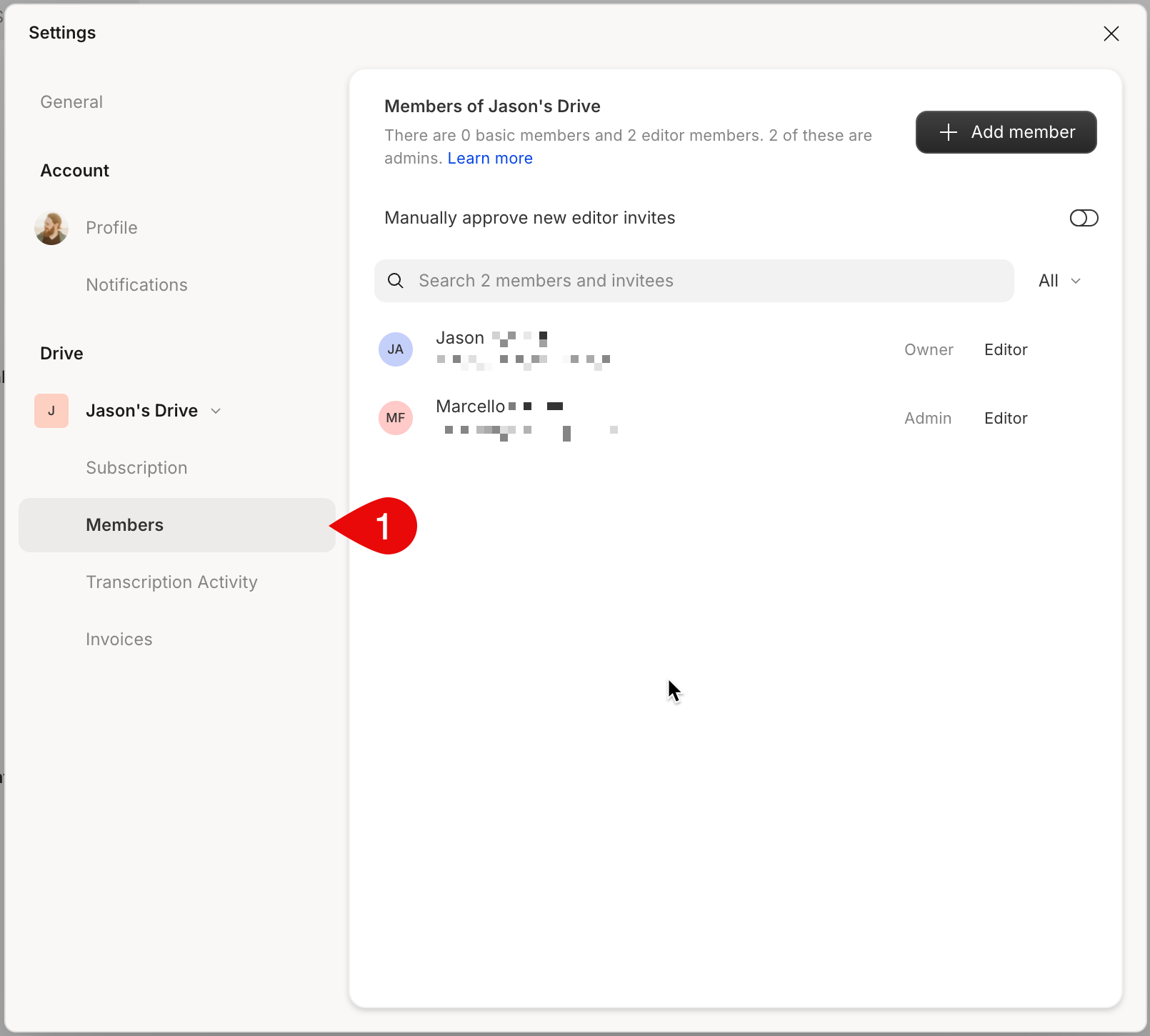 Members tab showing list of users