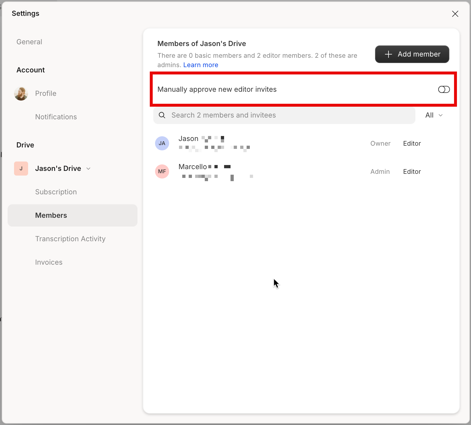 Toggle setting for manual approval of Editor invites