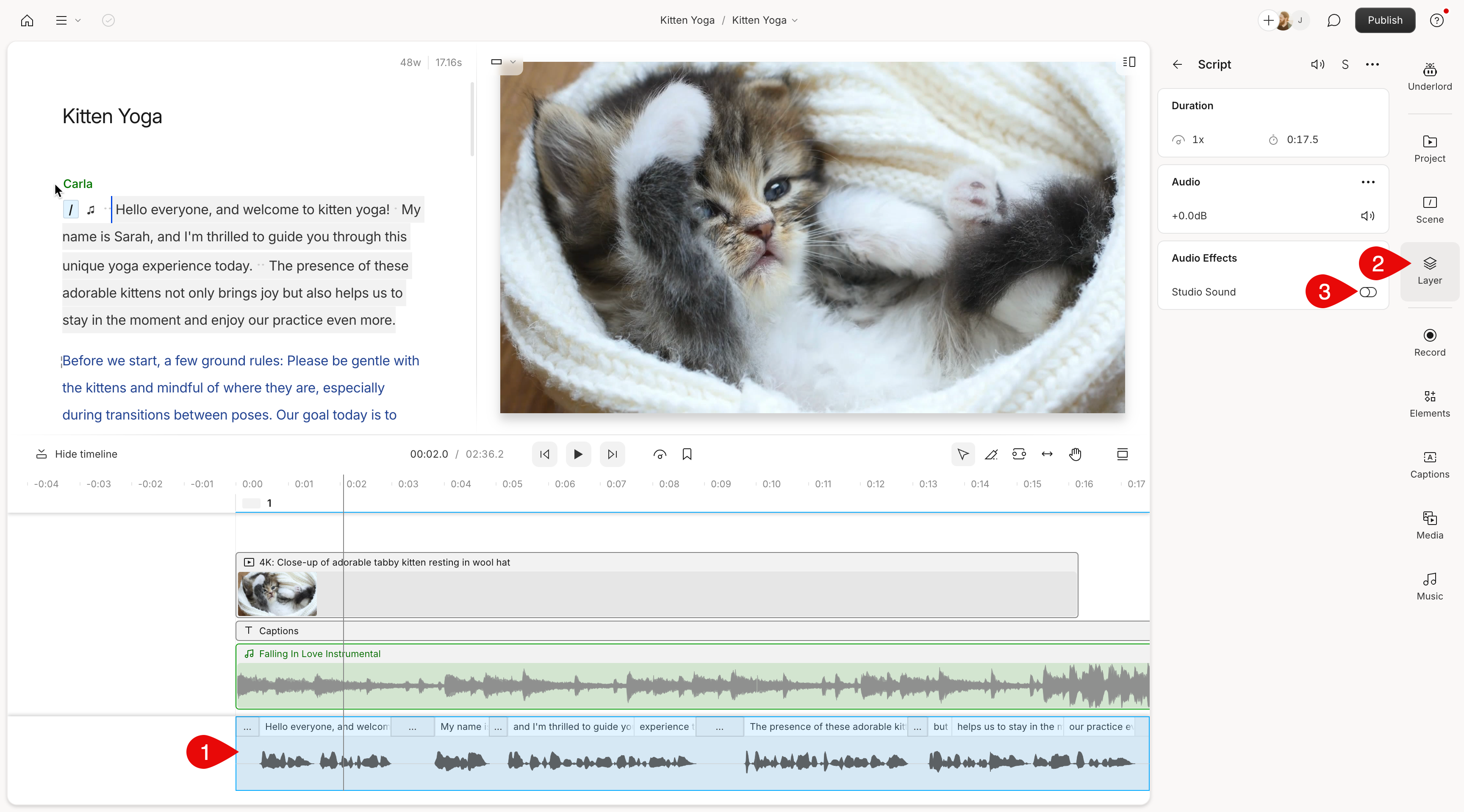 Studio Sound toggle in Descript layer panel