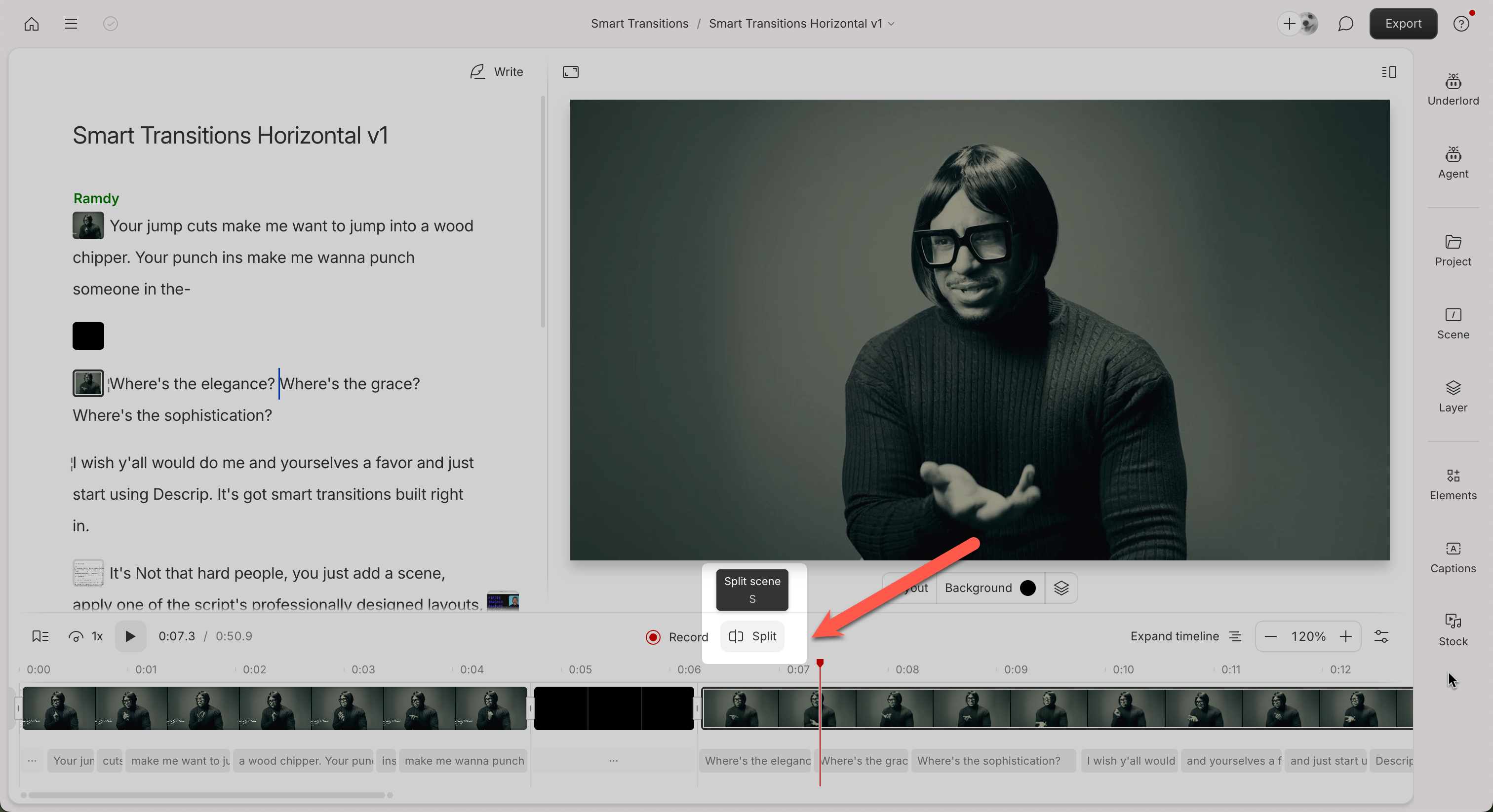 Image of the Split button in the Descript editor, above the timeline