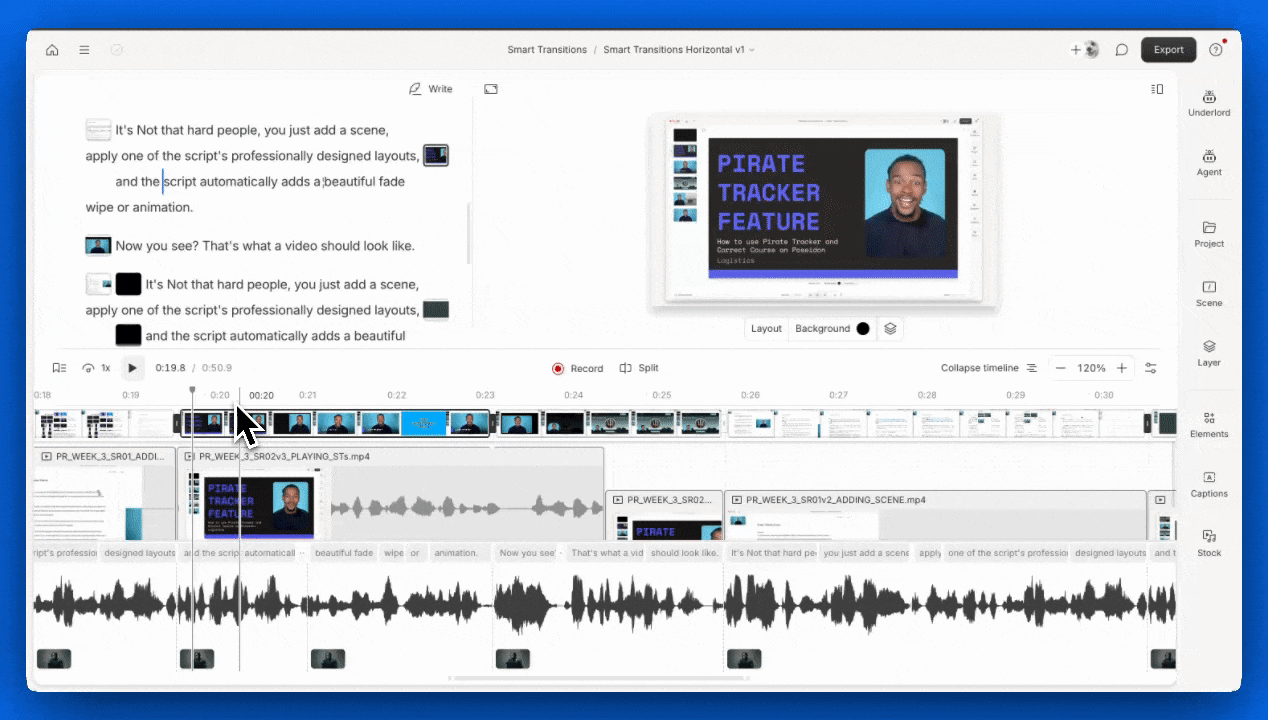 a GIF demonstrating how to split all layers in a scene with the Split button
