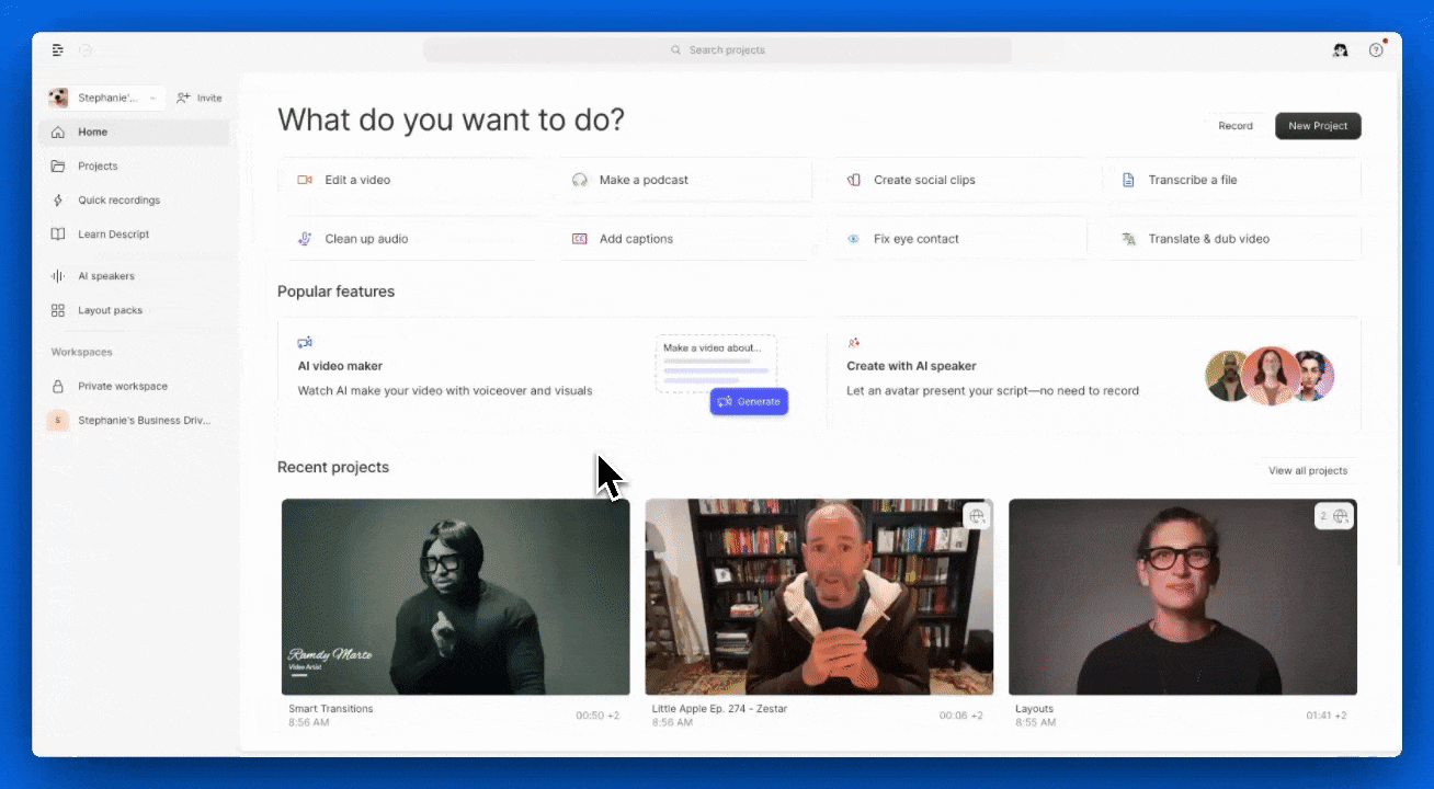 Invite member animation showing how to add a collaborator in Descript