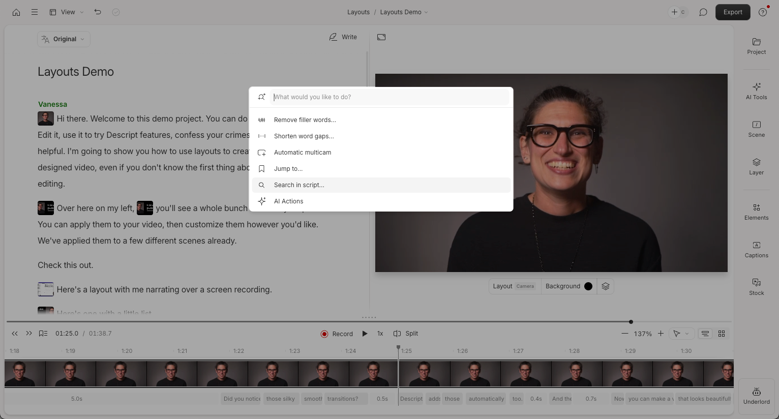 The Search Actions toolbar in Descript's project editor