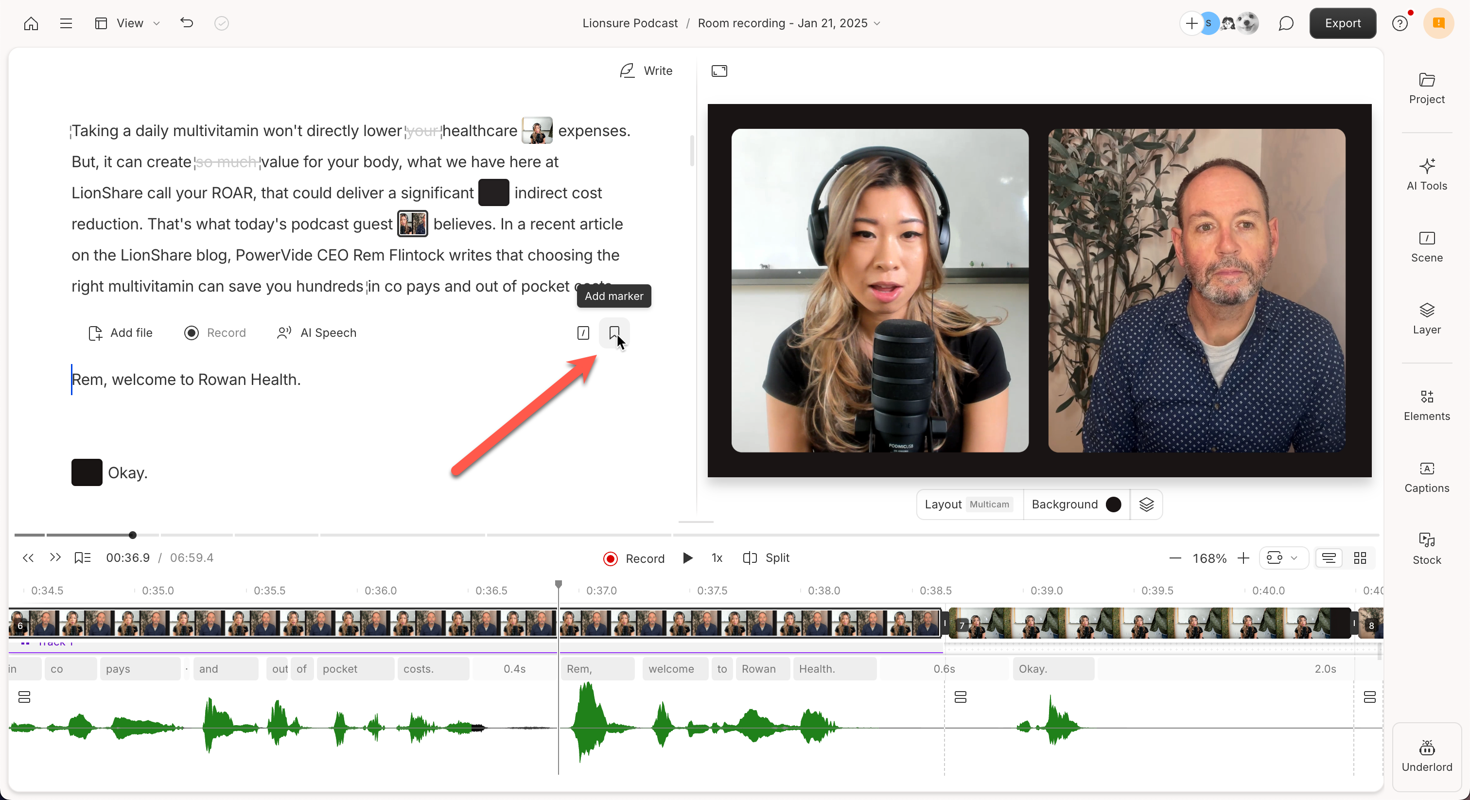 Add marker option shown in the Descript script editor