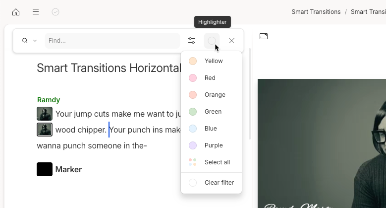 Color filter dropdown for highlights in the search panel