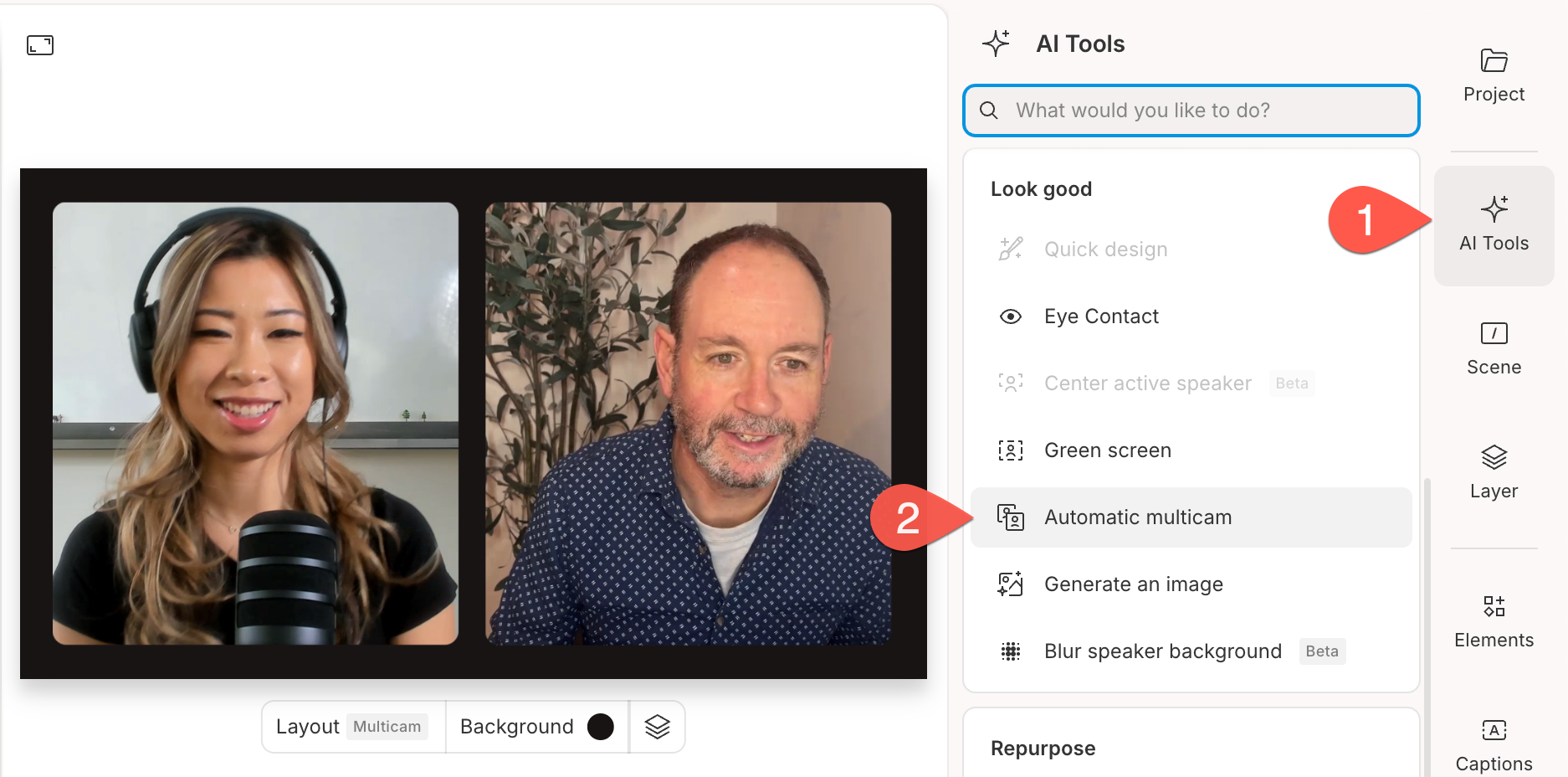 In app UI demonstrating the AI Actions panel with Automatic Multicam selected