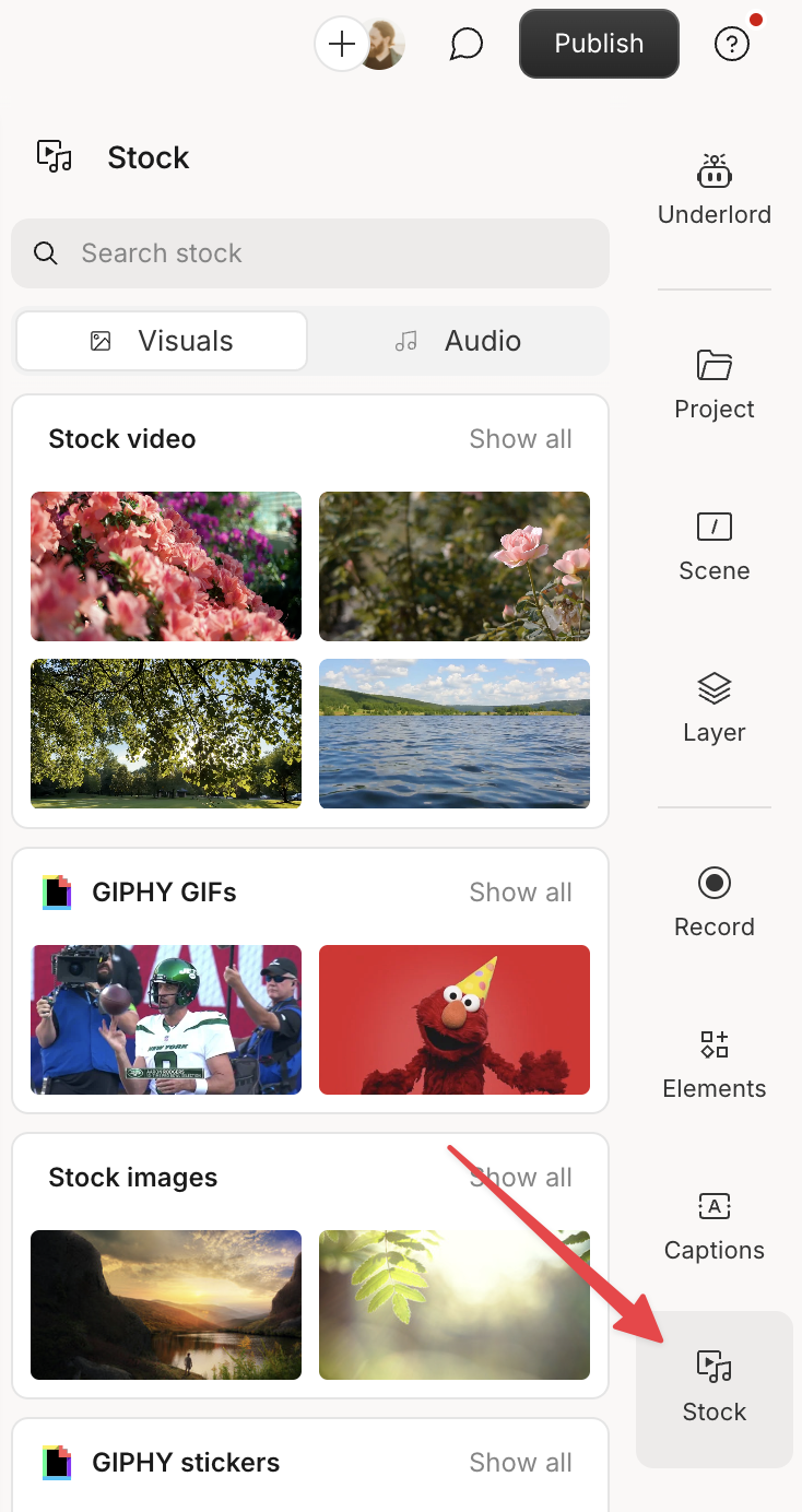 Stock media panel in Descript