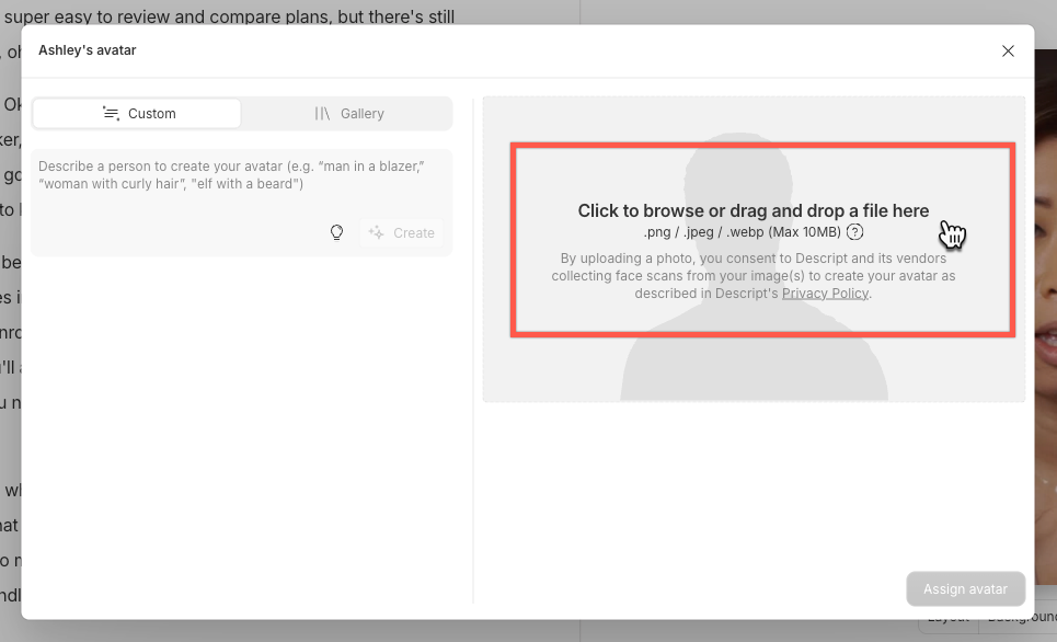 click the panel or drag and drop a file to uplod a photo to use as a custom avatar