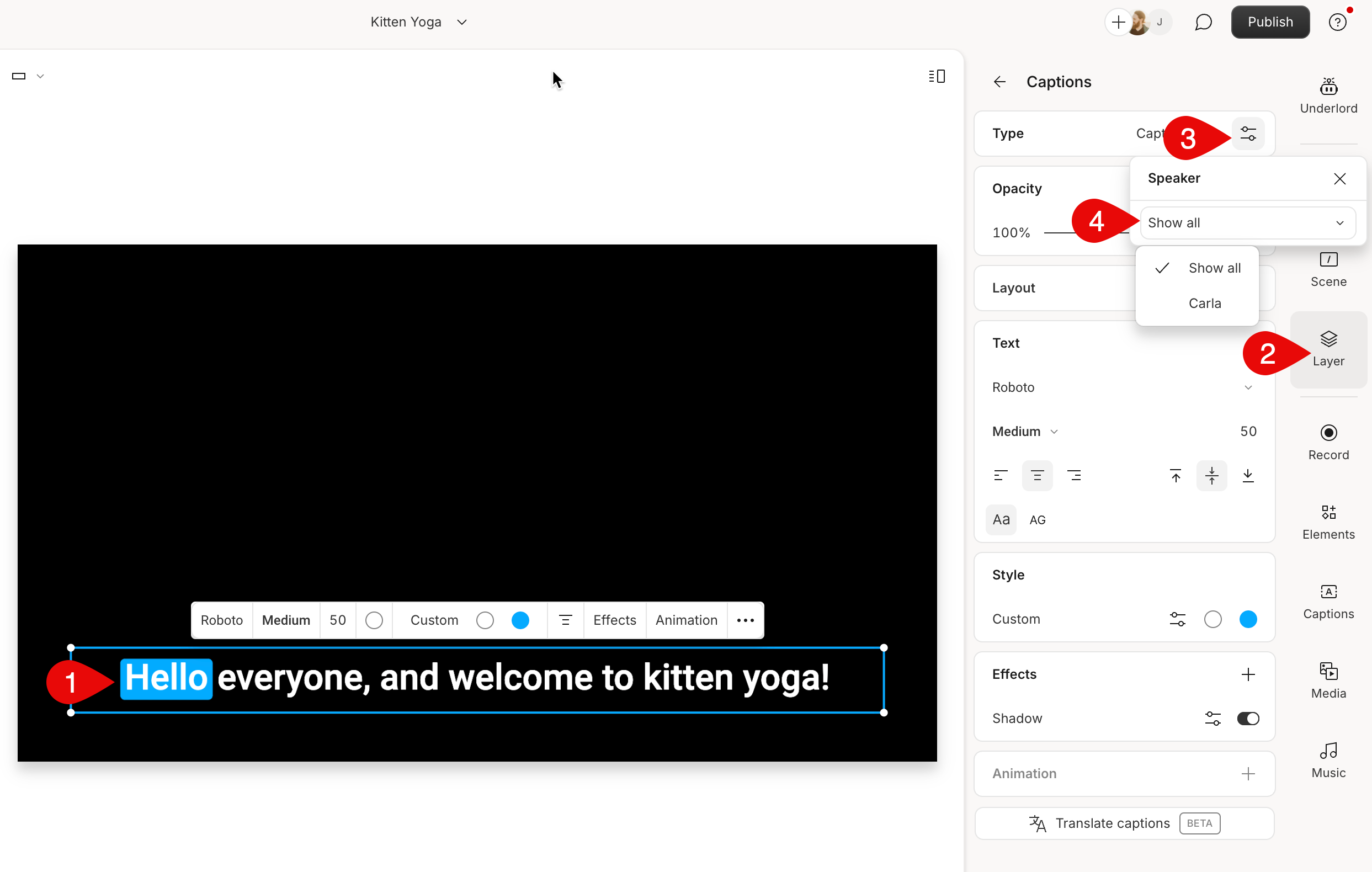 Layer panel showing speaker assignment dropdown for caption layers