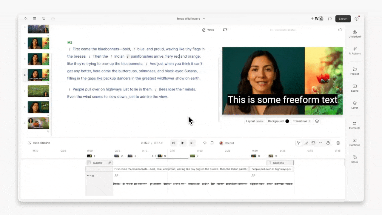 GIF showing how to convert a text layer to captions