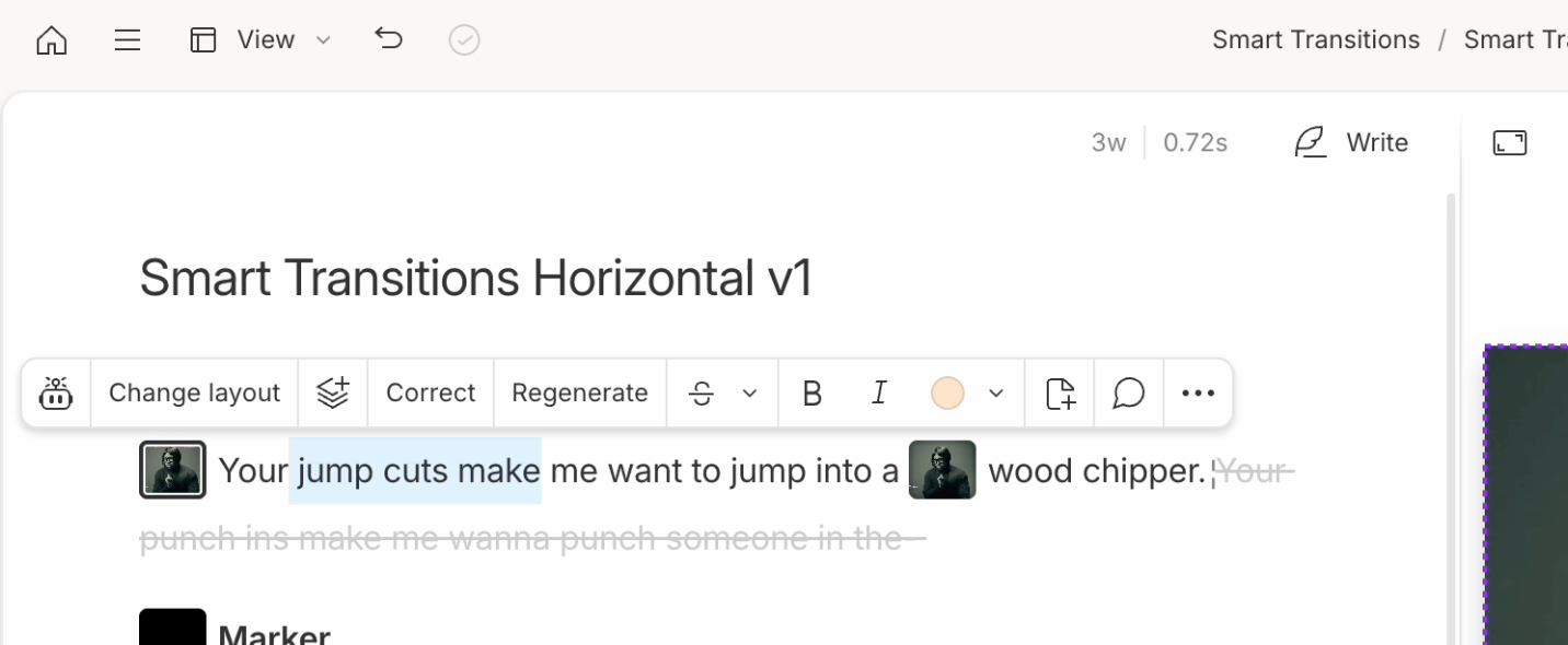 Screenshot of the Descript selection toolbar. Press Esc to close.