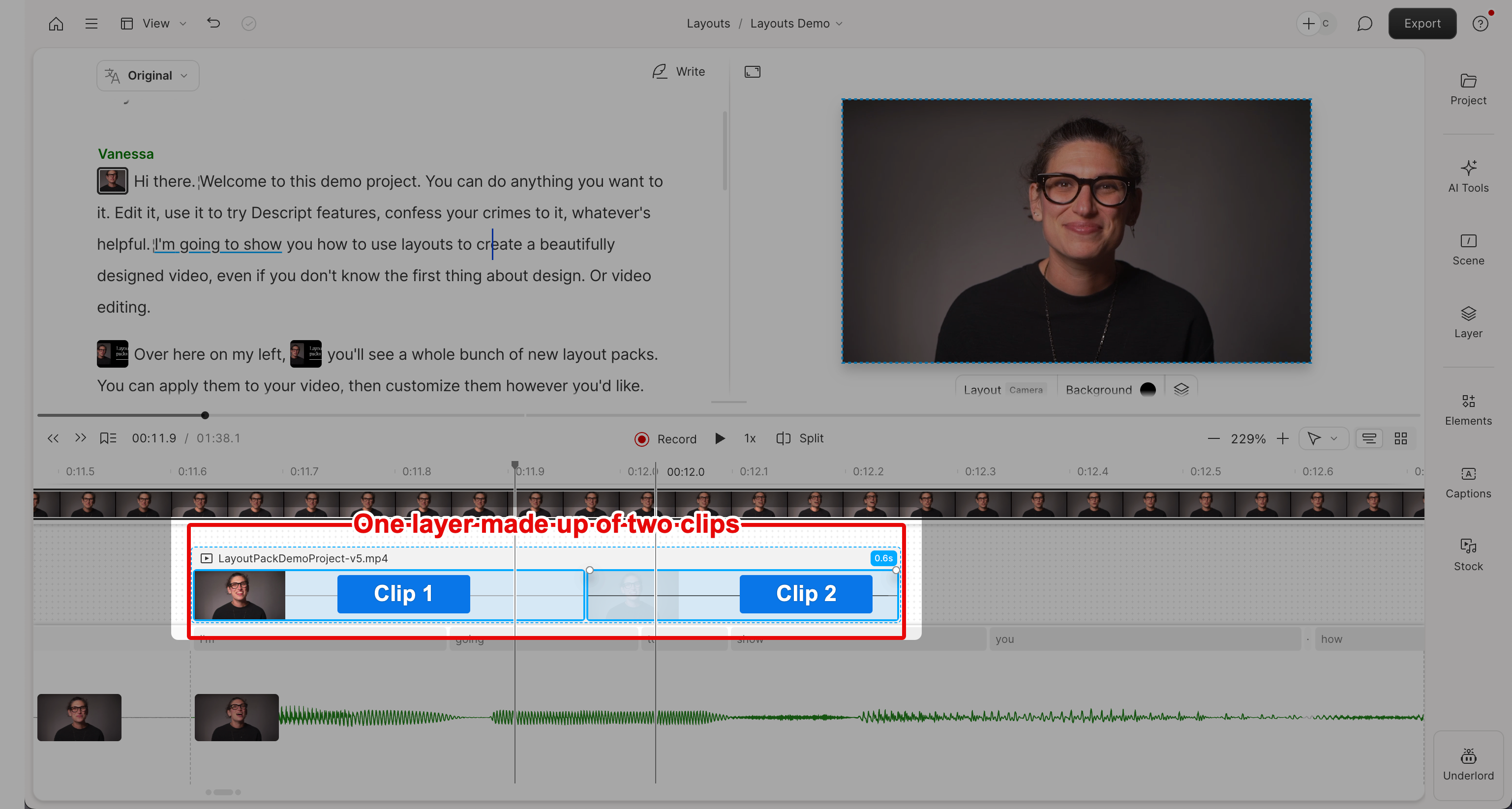 Timeline view showing clips in a media layer